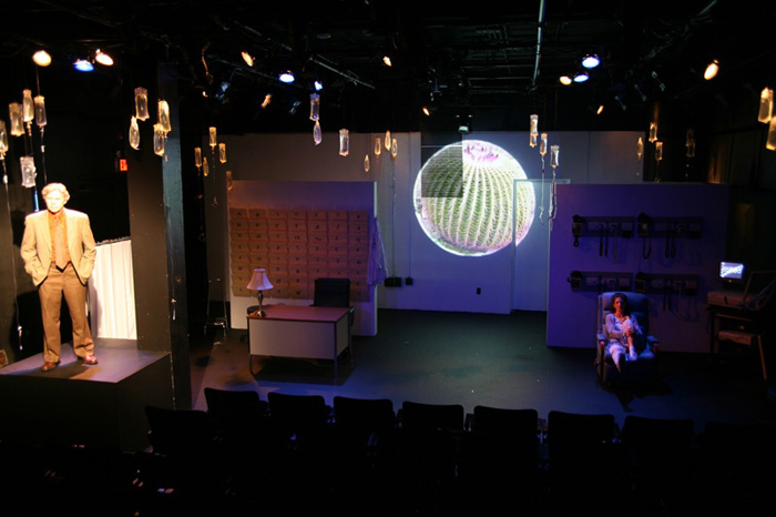 Paul Clay's Set Design, Lighting Design, and Video Design, for the production entitled Not God, Monologue area.