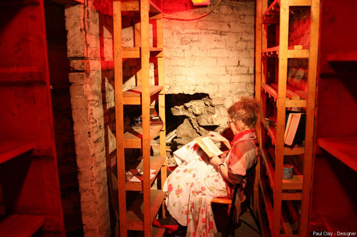 Paul Clay's Set Design, Lighting Design, and Video Design, for National Theatre Wales, Volcano Theatre, Welsh National Opera's co-production entitled Shelf Life at the Old Swansea Library, Wales, UK-06